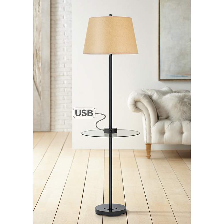 Image 1 Woodbury Dark Bronze Floor Lamp w/ Tray Table and USB Ports
