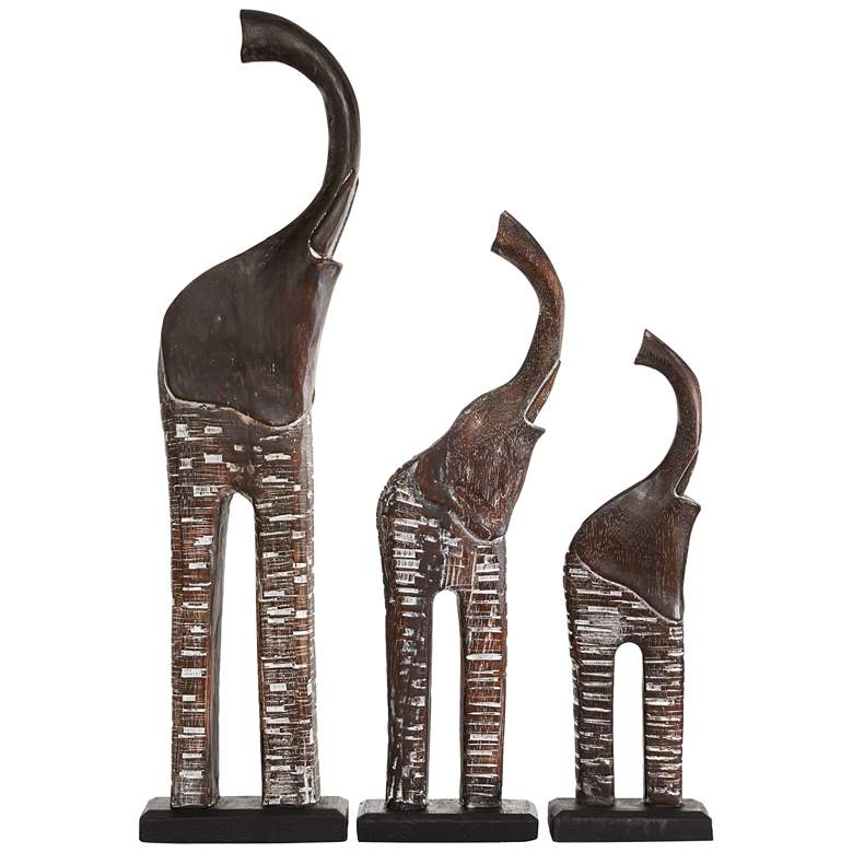 Image 1 Wooden Standing Elephant with Raised Trunks Statues Set of 3