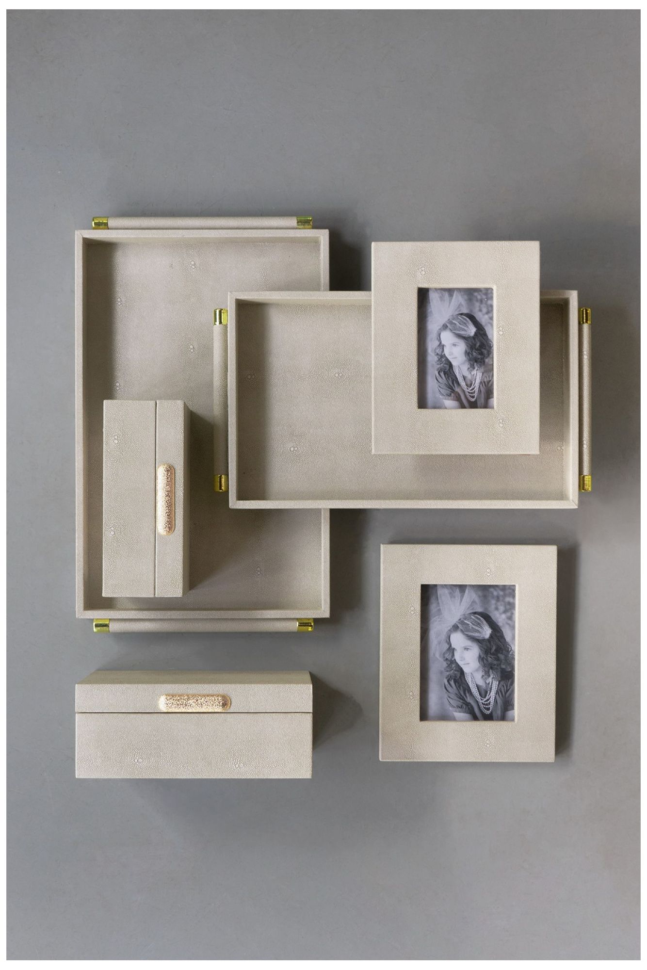 Image 7 Wooden Storage Boxes w/ Gray Faux Leather & Gold Handle Set of 2 more views