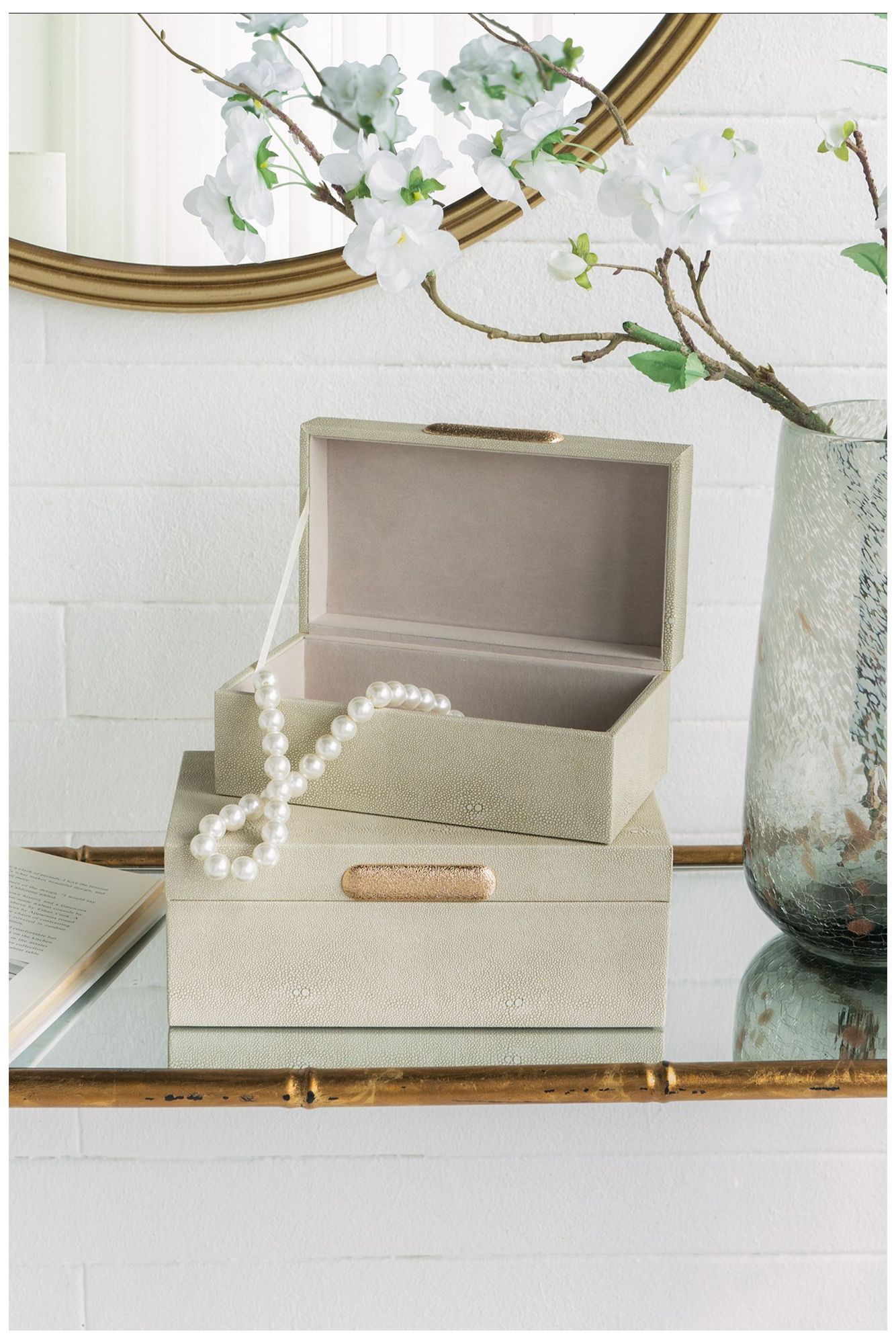 Wooden Storage Boxes w/ Gray Faux Leather & Gold Handle Set of 2