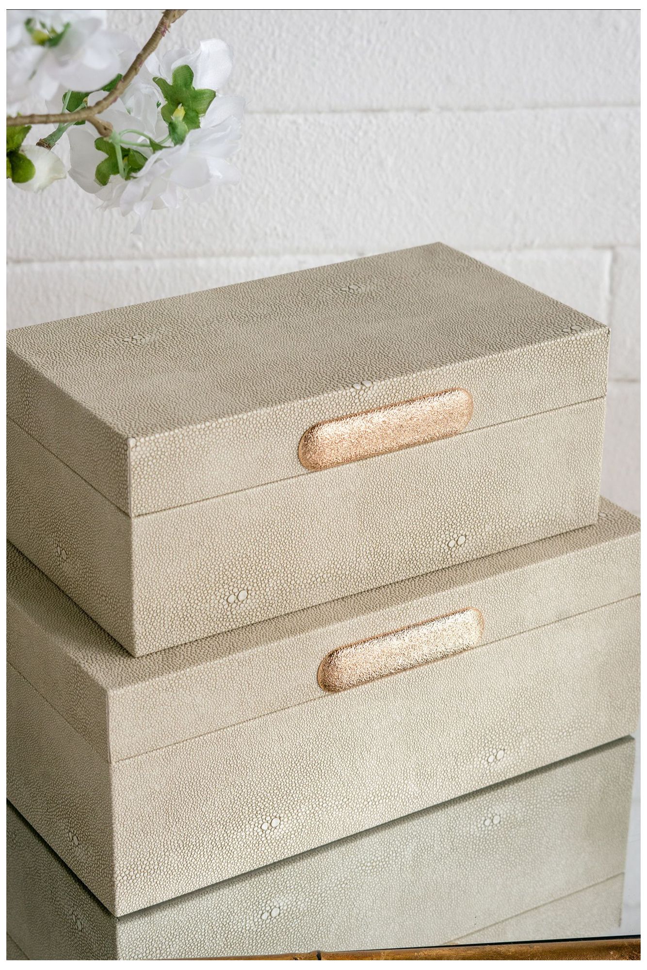 Wooden Storage Boxes w/ Gray Faux Leather & Gold Handle Set of 2