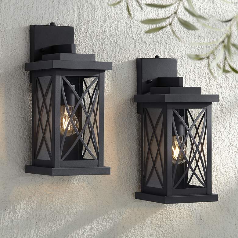 Image 1 Woodland Park 15" Black Dusk to Dawn Outdoor Porch Light Set of 2