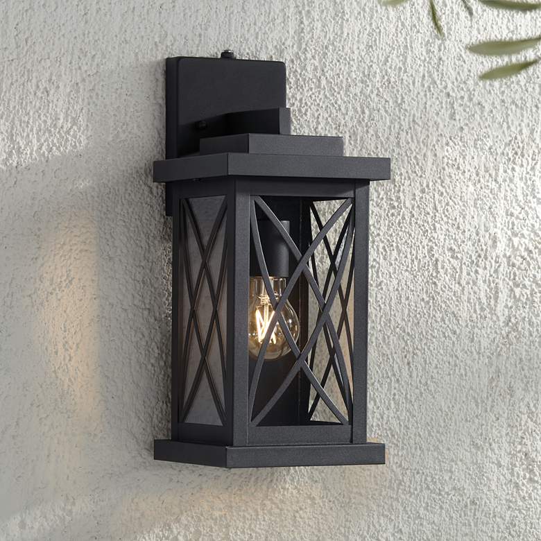 Image 1 Woodland Park 15 inch High Black Finish Dusk to Dawn Outdoor Porch Light
