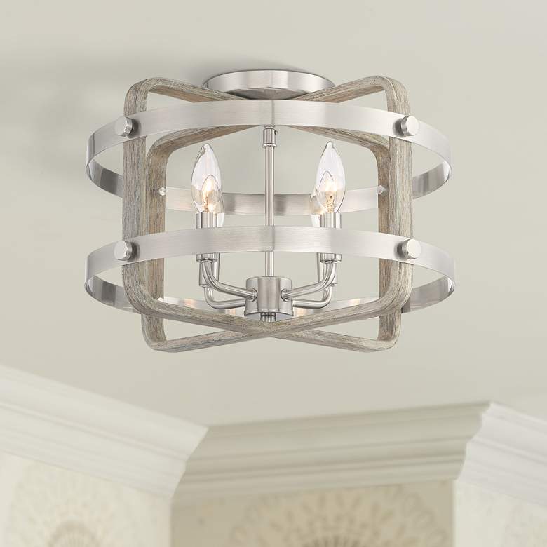 Image 1 Woodway 15 3/4 inchW Brushed Nickel and Wood Grain Ceiling Light