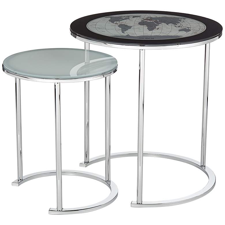 Image 2 World Map 23 1/4 inch Chrome and Glass 2-Piece Nesting Tables