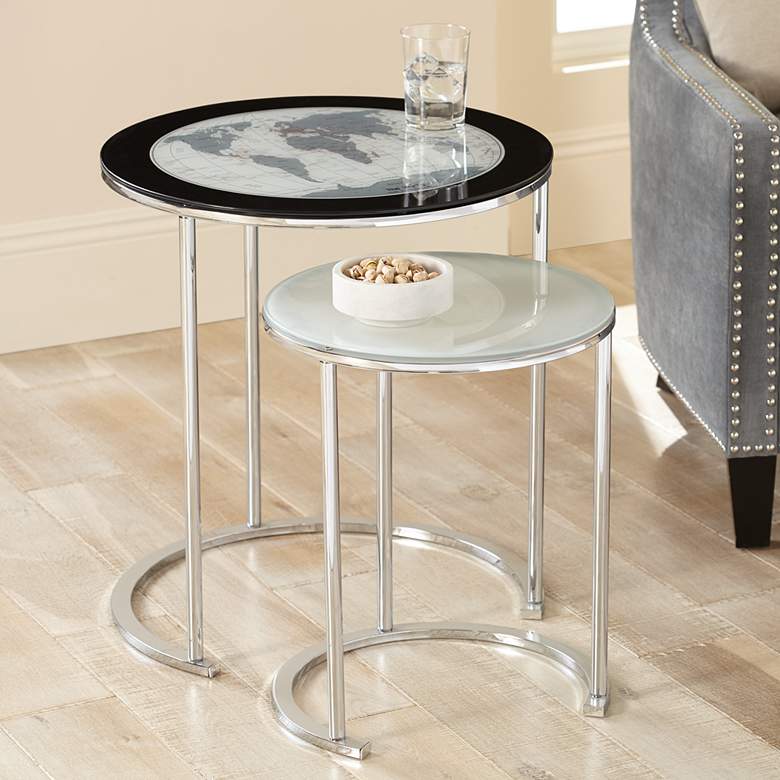 Image 1 World Map 23 1/4 inch Chrome and Glass 2-Piece Nesting Tables