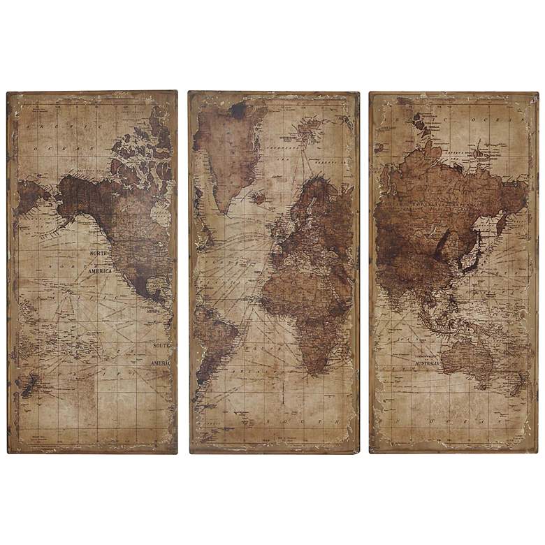Image 1 World Map 47 inch High Triptych Wood Wall Art Set