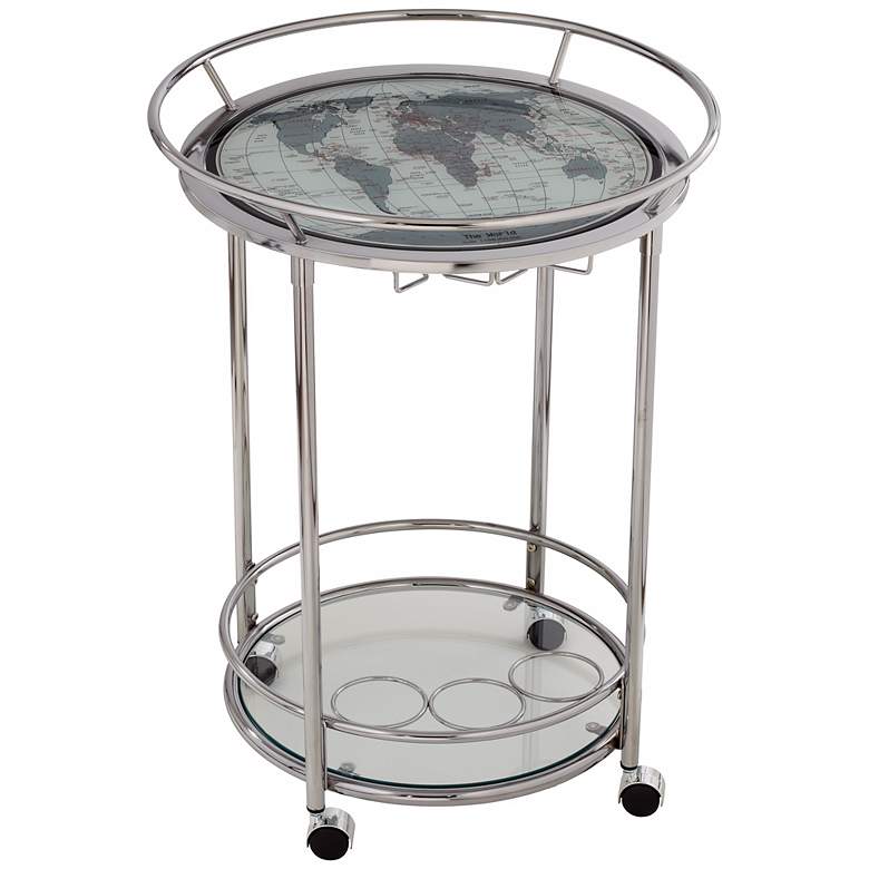 Image 1 World Map Chrome and Glass Serving Cart on Wheels