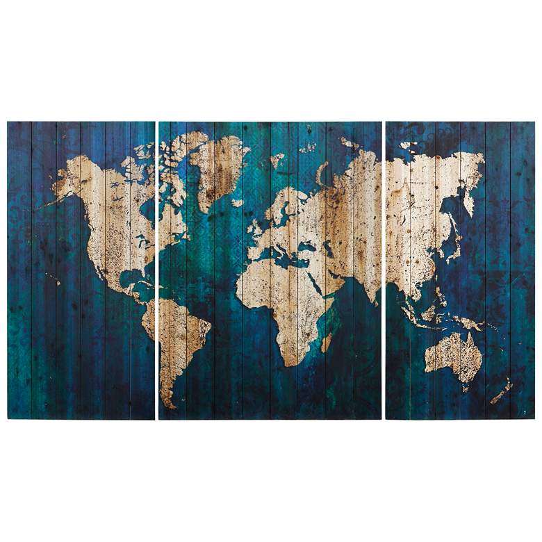 Image 1 World Map Triptych Natural Wood Panel Set of 3
