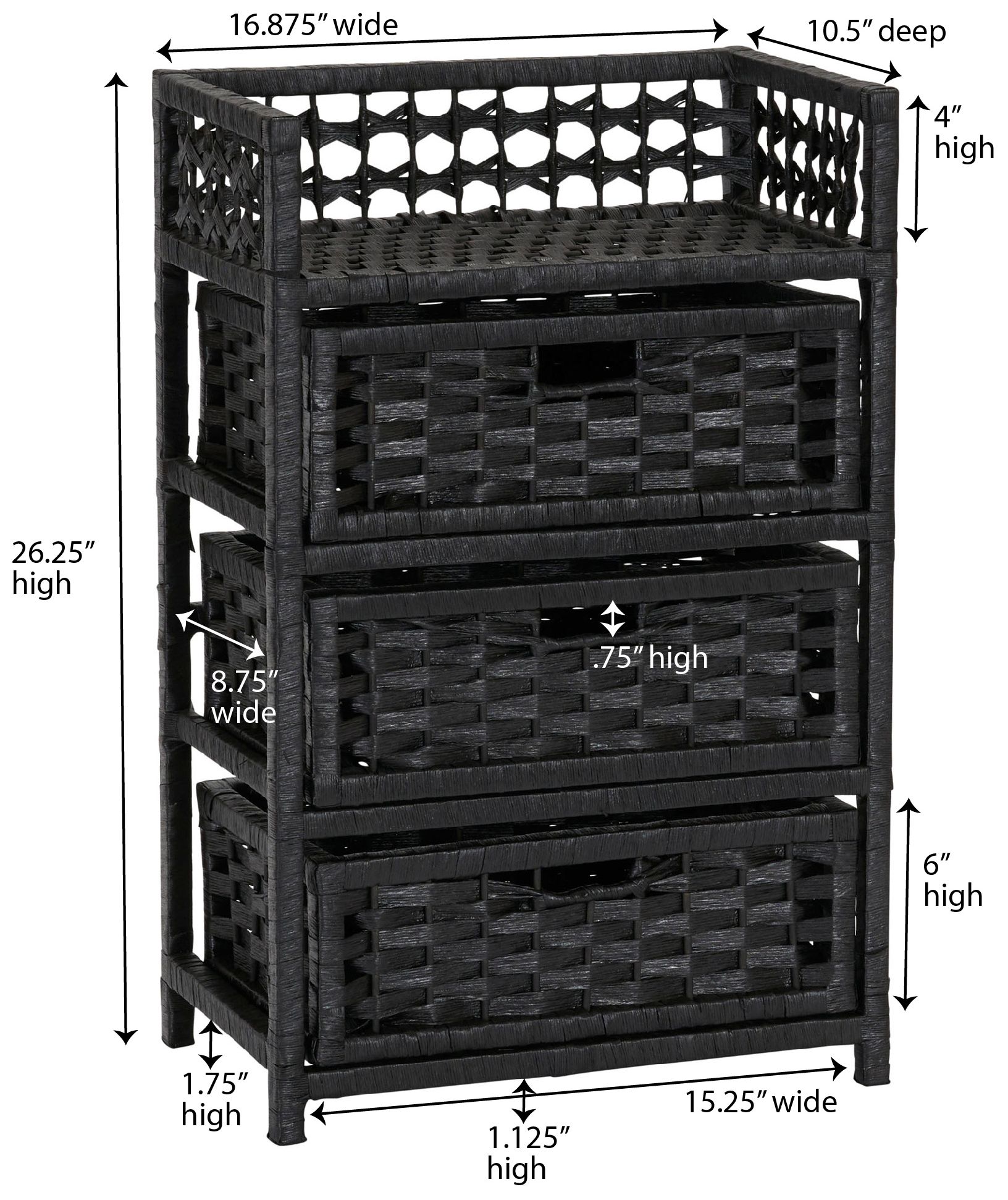 Image 3 Woven 3 Drawer Chest with Cutout Handles, Paper Rope Stained, Black more views