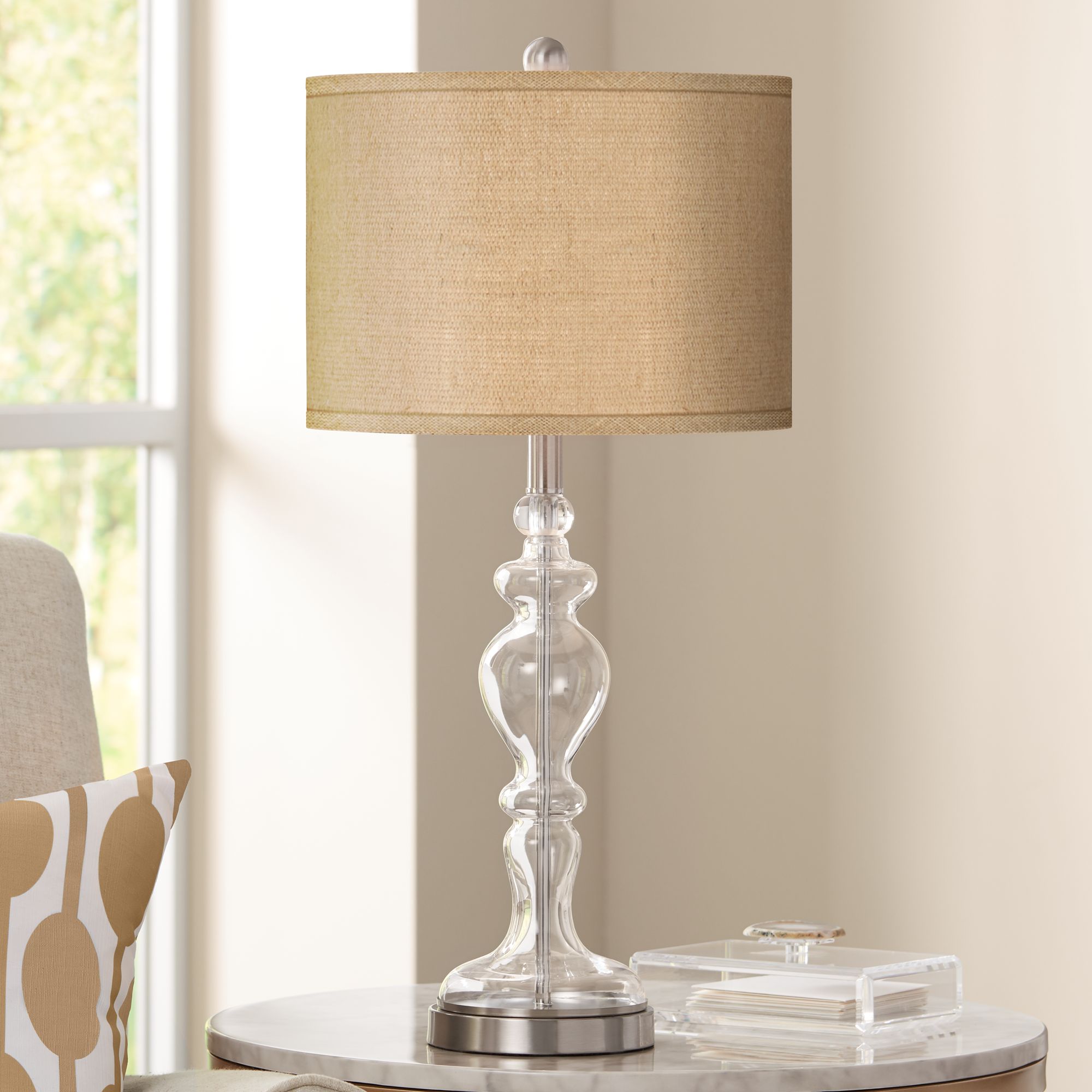 glass lamp with burlap shade