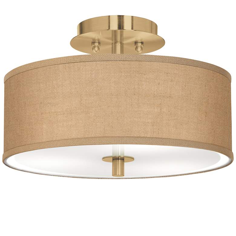 Image 1 Woven Burlap Gold 14 inch Wide Ceiling Light