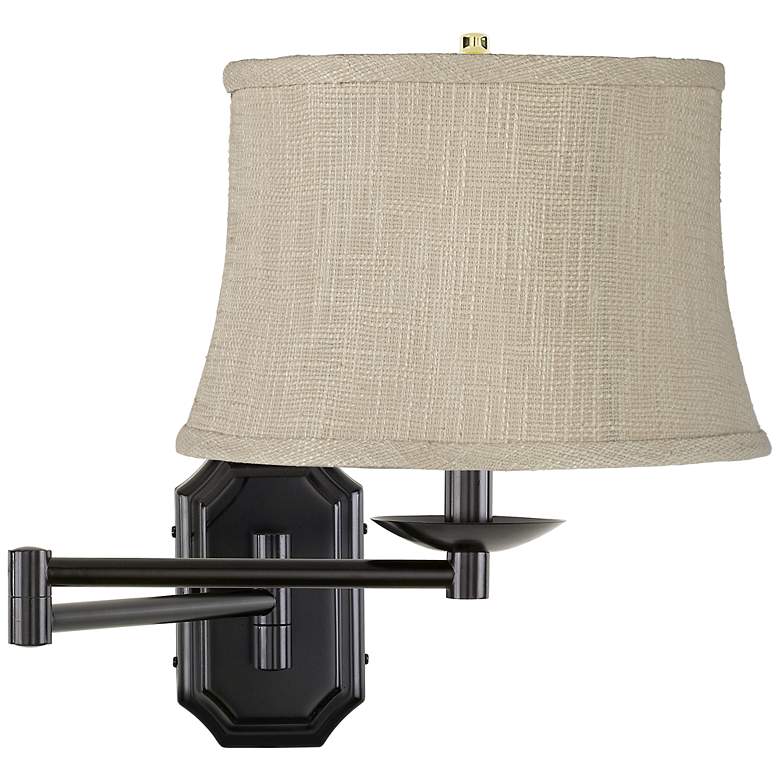 Image 1 Woven Cream Shade Dark Bronze Plug-In Swing Arm Wall Lamp