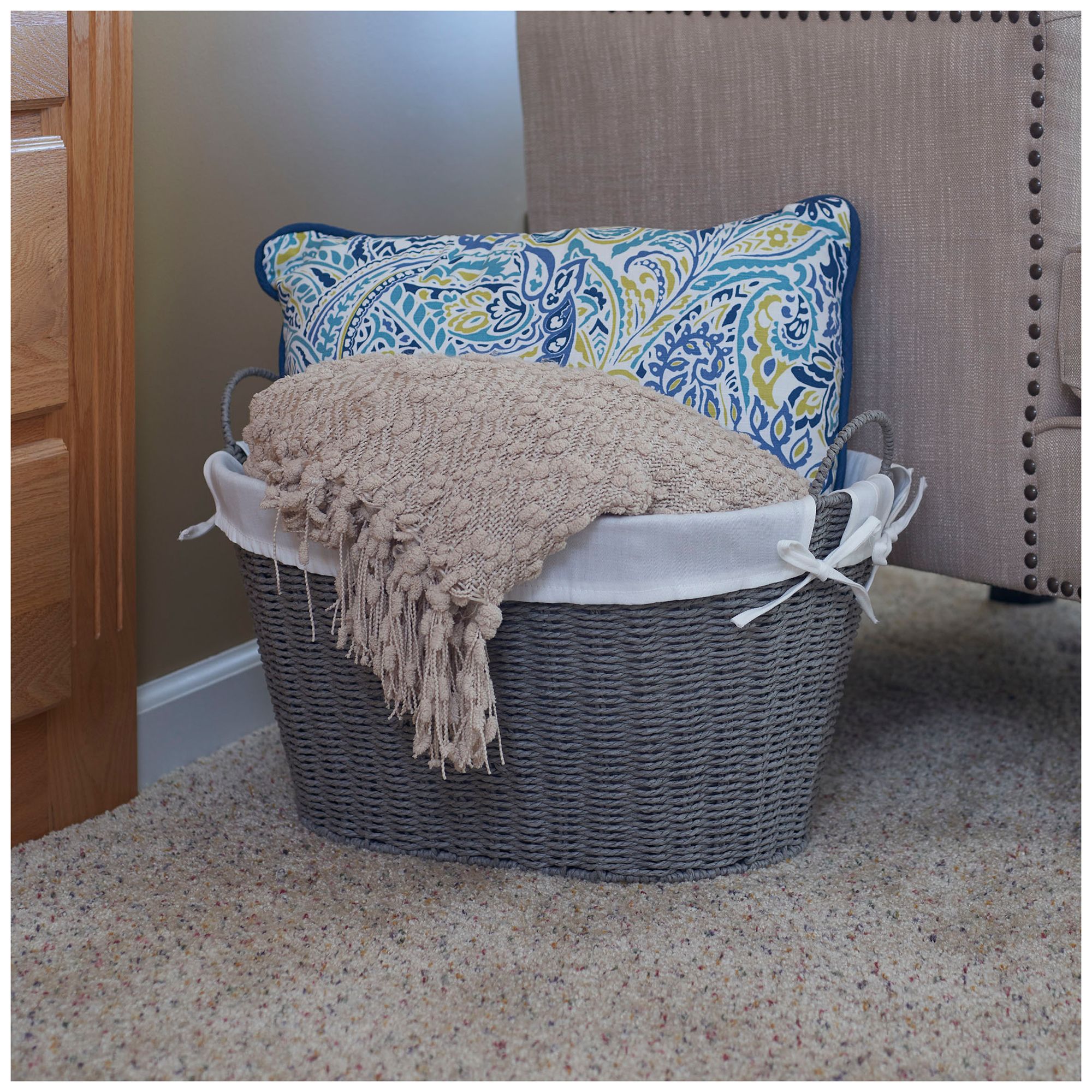 Image 2 Woven Laundry Basket with Handles and Liner, Gray Paper Rope Laundry Basket more views