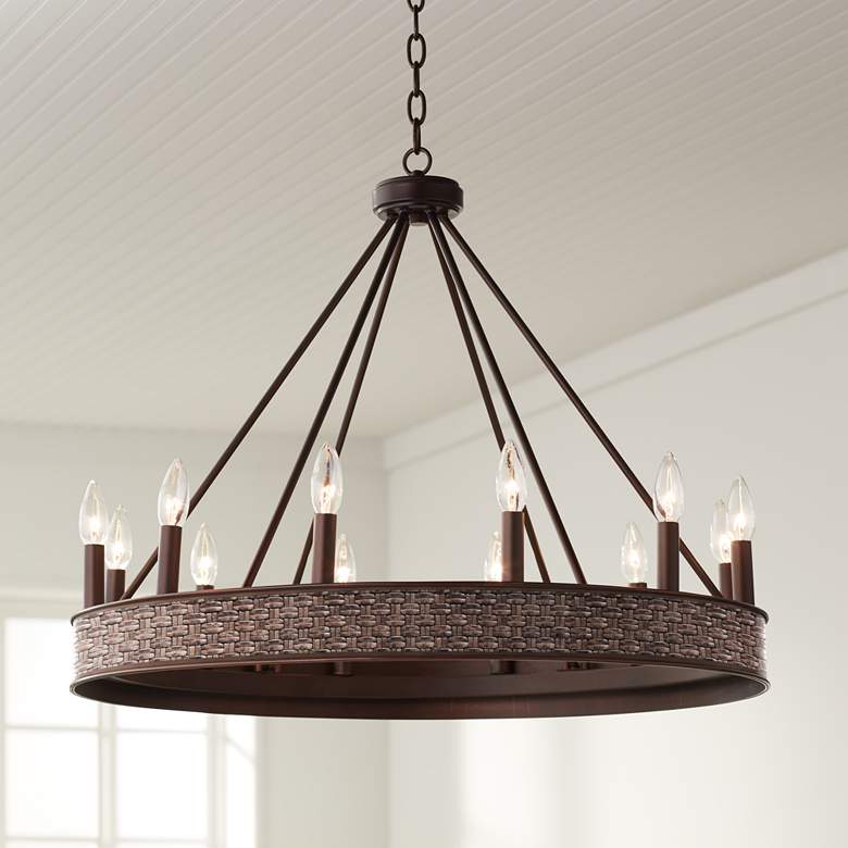 Image 1 Woven Leather Jessa 29 1/2" Wide Bronze Wheel Chandelier