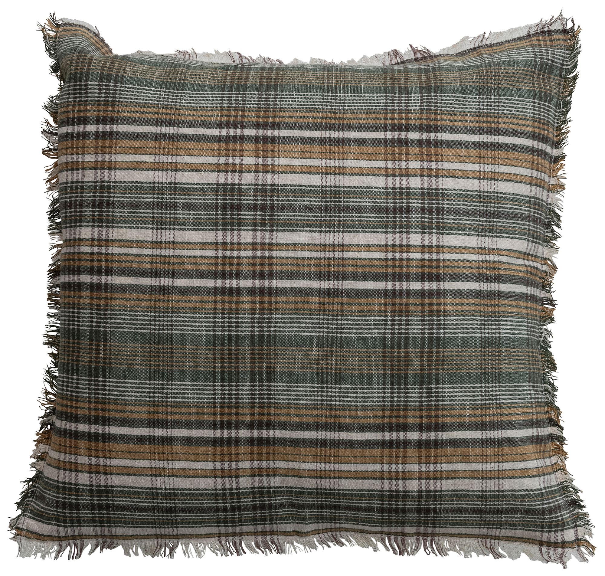 Image 2 Woven Linen and Cotton Pillow with Plaid Pattern and Eyelash Fringe