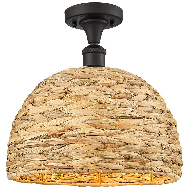 Image 1 Woven Ratan 12 inch Wide Oiled Brass Semi-Flush Mount With Natural Rattan 
