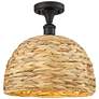 Woven Ratan 12" Wide Oiled Brass Semi-Flush Mount With Natural Rattan 