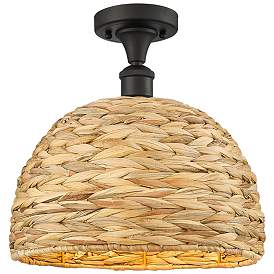 Image1 of Woven Ratan 12" Wide Oiled Brass Semi-Flush Mount With Natural Rattan
