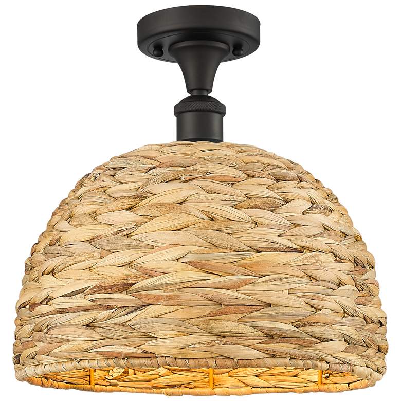 Image 1 Woven Ratan 12" Wide Oiled Brass Semi-Flush Mount With Natural Rattan