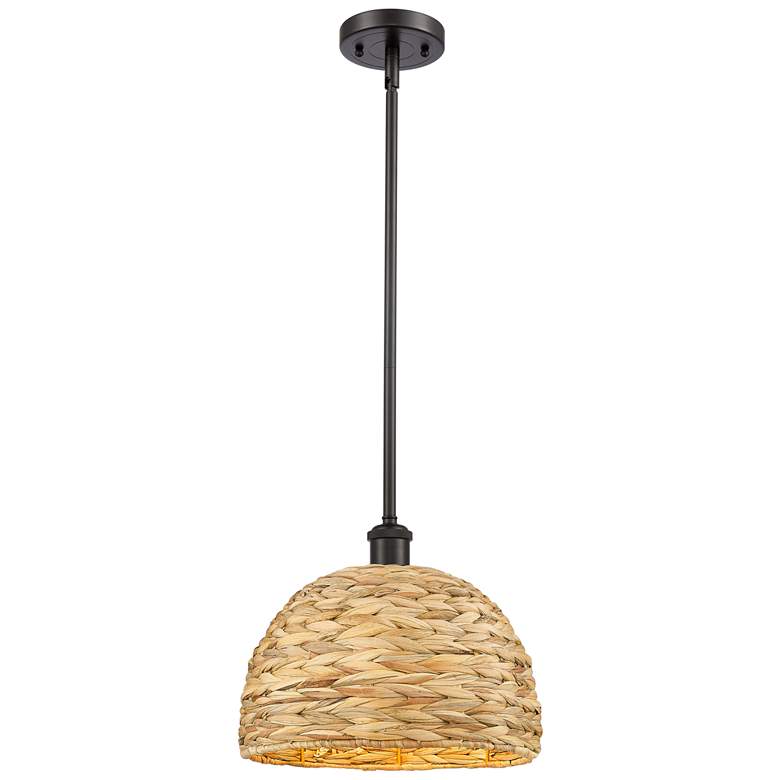 Image 1 Woven Ratan 12"W Oiled Brass Stem Hung Pendant With Natural Rattan Sha