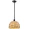 Woven Ratan 12"W Oiled Brass Stem Hung Pendant With Natural Rattan Sha