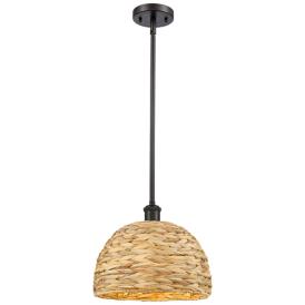Woven Ratan 12"W Oiled Brass Stem Hung Pendant With Natural Rattan Sha Woven Ratan 12"W Oiled Brass Stem Hung Pendant With Natural Rattan Sha