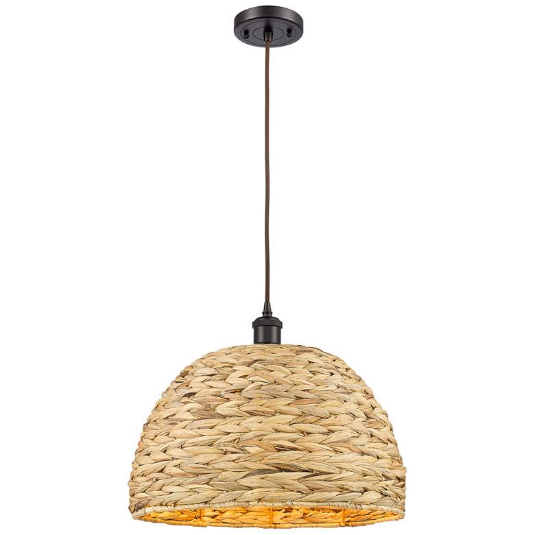 Image 1 Woven Ratan 15.75"W Oiled Brass Cord Hung Pendant With Natural Rattan