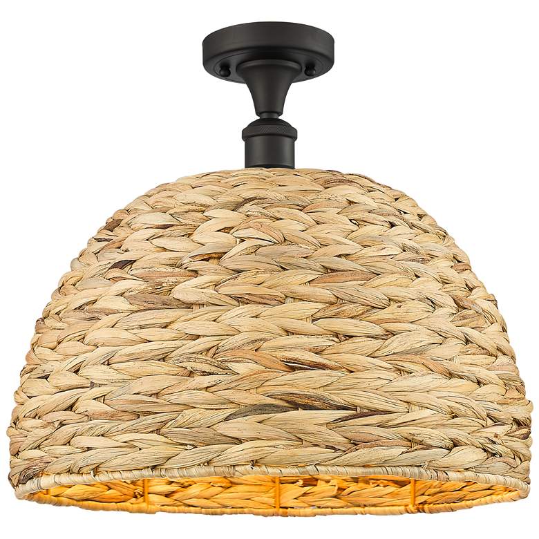 Image 1 Woven Ratan 15.75"W Oiled Brass Semi-Flush Mount With Natural Rattan S