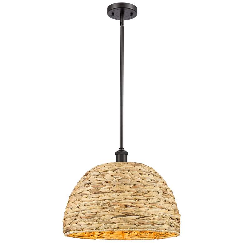 Image 1 Woven Ratan 15.75"W Oiled Brass Stem Hung Pendant With Natural Rattan 