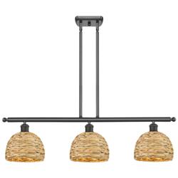 Woven Ratan 36"W 3 Light Oiled Brass Stemmed Island Light w/ Rattan Sh