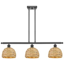 Woven Ratan 36"W 3 Light Oiled Brass Stemmed Island Light w/ Rattan Sh Woven Ratan 36"W 3 Light Oiled Brass Stemmed Island Light w/ Rattan Sh