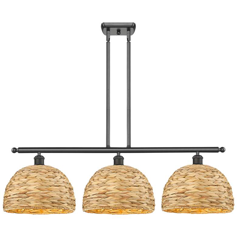 Image 1 Woven Ratan 38.5"W 3 Light Oiled Brass Stemmed Island Light w/ Rattan