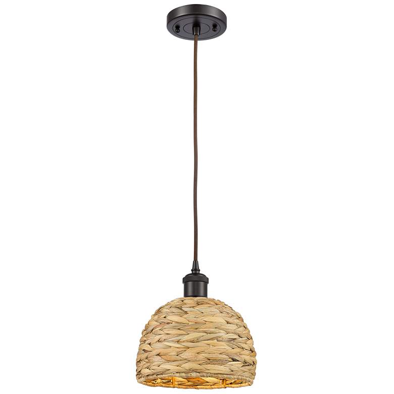Image 1 Woven Ratan 8 inch Wide Oiled Brass Cord Hung Pendant With Natural Rattan 