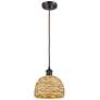 Woven Ratan 8" Wide Oiled Brass Cord Hung Pendant With Natural Rattan 