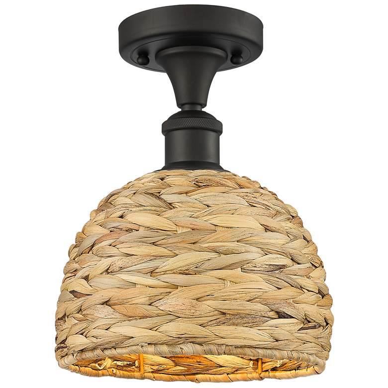 Image 1 Woven Ratan 8" Wide Oiled Brass Semi-Flush Mount With Natural Rattan S