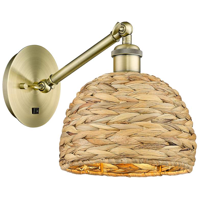 Image 1 Woven Rattan 11.25"H Antique Brass Vertical Adjustable Sconce