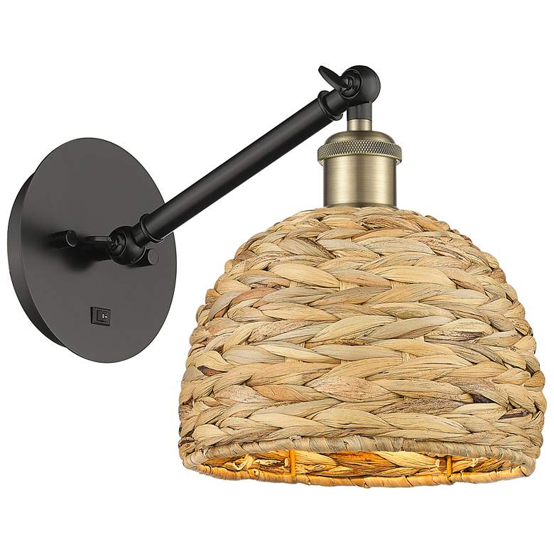 Image 1 Woven Rattan 11.25 inchH Black Brass Vertical Adjustable Sconce