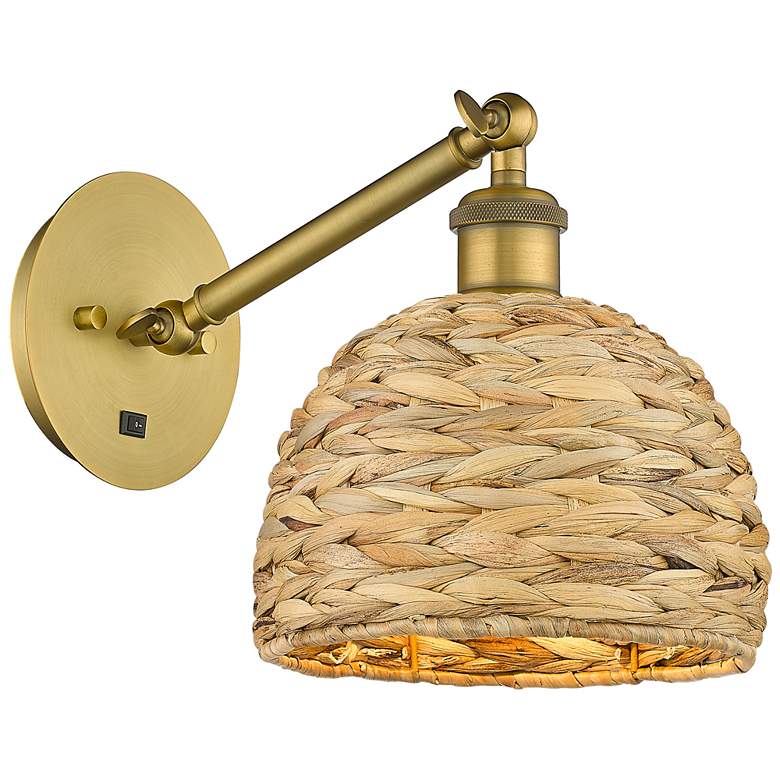 Image 1 Woven Rattan 11.25"H Brushed Brass Vertical Adjustable Sconce
