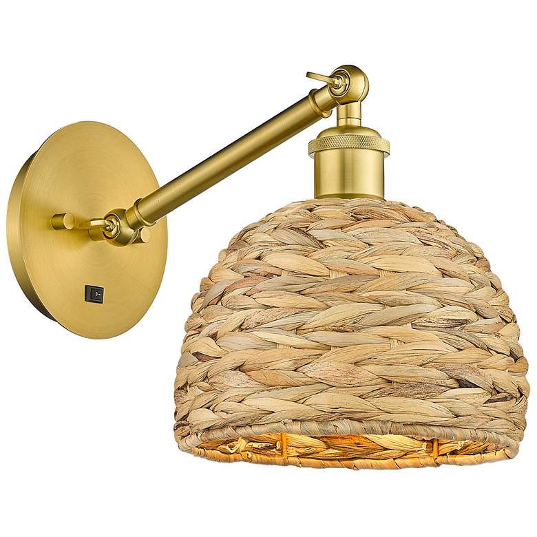 Image 1 Woven Rattan 11.25"H Satin Gold Vertical Adjustable Sconce