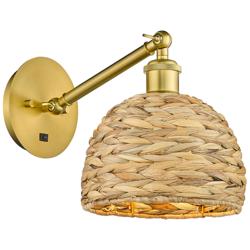 Woven Rattan 11.25&quot;H Satin Gold Vertical Adjustable Sconce