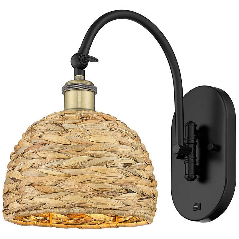 Image 1 Woven Rattan 12.5"H Black Brass Horizontal Swivel Sconce