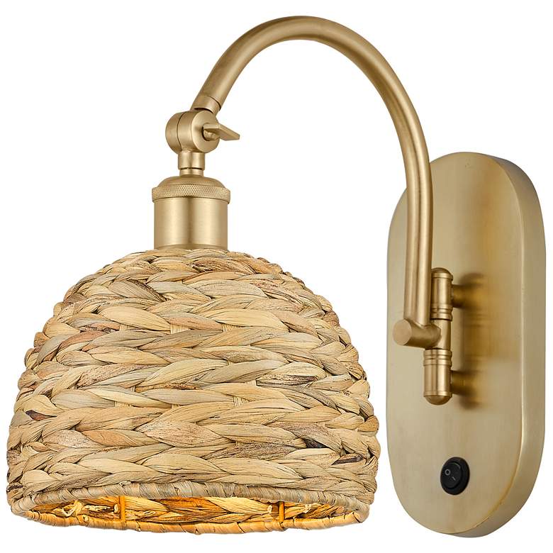 Image 1 Woven Rattan 12.5"H Satin Gold Horizontal Swivel Sconce