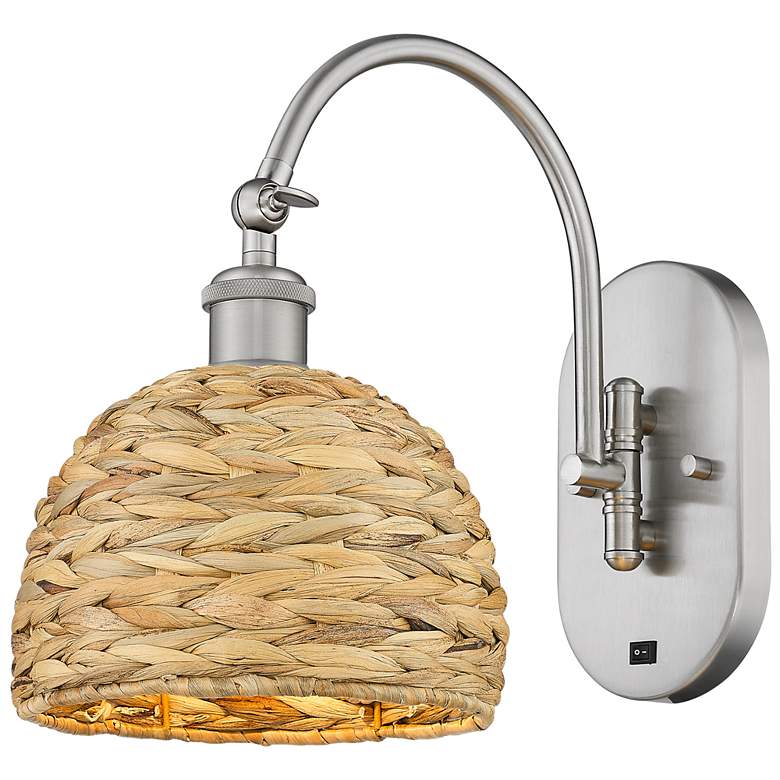 Image 1 Woven Rattan 12.5"H Satin Nickel Swivels Side To Side Sconce
