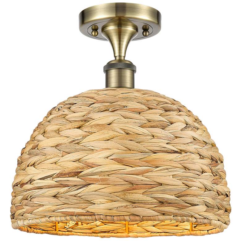 Image 1 Woven Rattan 12 inch Wide Antique Brass Semi.Flush Mount With Natural Shad