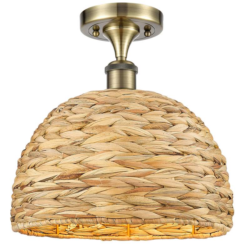 Image 1 Woven Rattan 12" Wide Antique Brass Semi.Flush Mount With Natural Shad