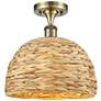 Woven Rattan 12" Wide Antique Brass Semi.Flush Mount With Natural Shad