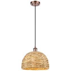 Woven Rattan 12&quot; Wide Antique Copper Corded Pendant With Natural Shade