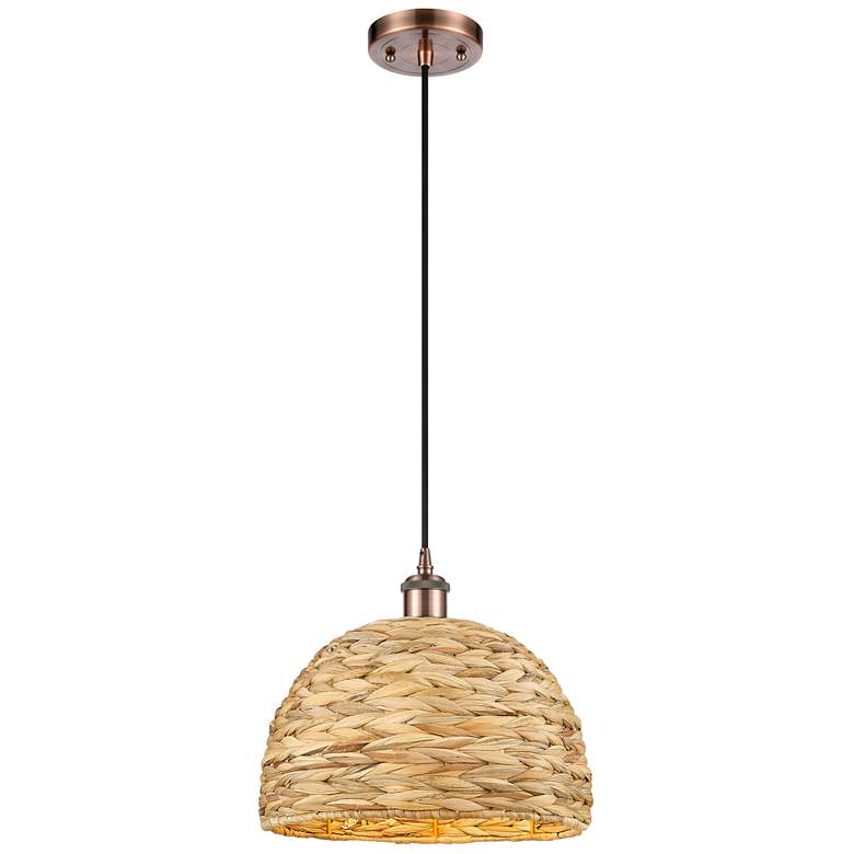 Image 1 Woven Rattan 12" Wide Antique Copper Corded Pendant With Natural Shade