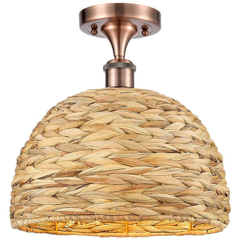 Image 1 Woven Rattan 12" Wide Antique Copper Semi.Flush Mount With Natural Sha